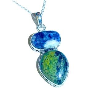 New 925 Sterling Silver Kambamba Jasper Floral Artisan Double Pendant Necklace